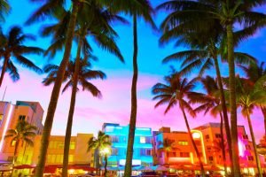 Miami Beach South Beach sunset in Ocean Drive Florida Art Deco